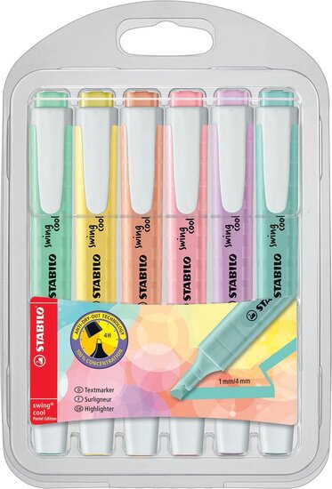 STABILO swing cool pastel markeerstift, plastic etui van 6 stuks in geassorteerde kleuren