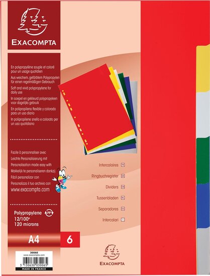 Exacompta tabbladen voor ft A4, uit PP 12/100e, 6 tabs, geassorteerde kleuren