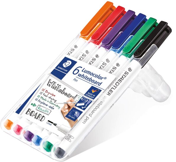 Staedtler whiteboard pen Lumocolor Pen, opstelbare box met 6 stuks in geassorteerde kleuren