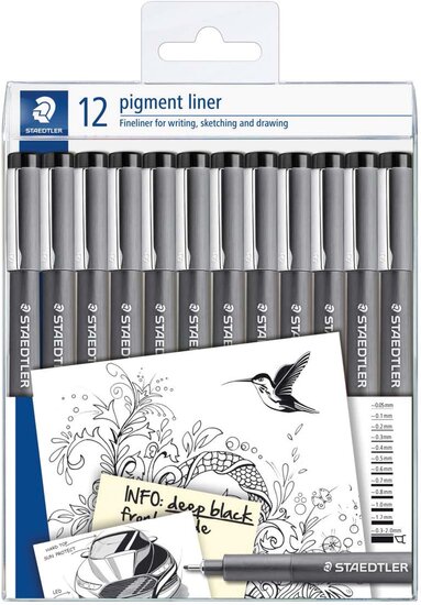 Staedtler pigment liner fineliner, verschillende schrijfbreedtes, set van 12 stuks, zwart