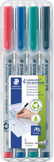 Staedtler Lumocolor 311, OHP-marker, non permanent, 0,4 mm, box van 4 stuks in geassorteerde kleuren