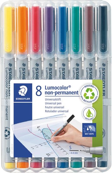 Staedtler Lumocolor 311, OHP-marker, non permanent, 0,8 mm, box van 8 stuks in geassorteerde kleuren