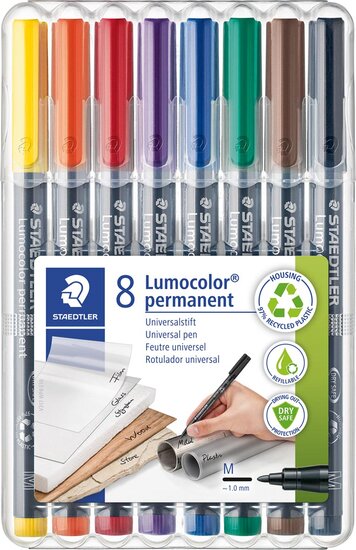 Staedtler Lumocoler 317, OHP-marker, permanent, 1,0 mm, etui van 8 stuks in geassorteerde kleuren