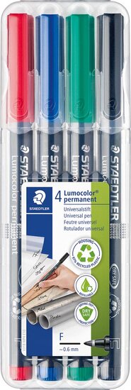 Staedtler Lumocolor 318, OHP-marker, permanent, 0,6 mm, box van 4 stuks in geassorteerde kleuren