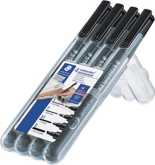 Staedtler Lumocolor 319, permanent marker special, 4 stuks in verschillende schrijfbreedtes, zwart