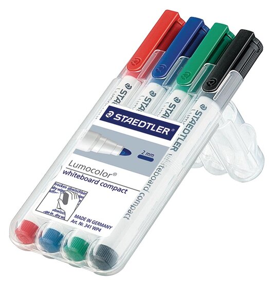 Staedtler whiteboardmarker Lumocolor Compact opstelbare box met 4 stuks in geassorteerde kleuren