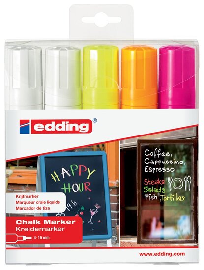 Edding krijtmarker e-4090 schuine punt etui van 5 stuks: 2 x wit, 1 x geel, 1 x oranje en 1 x roze