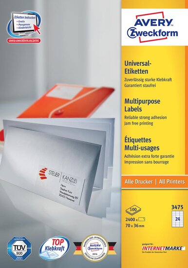 Avery Zweckform 3475, Universele etiketten, Ultragrip, wit, 100 vel, 24 per vel, 70 x 36 mm