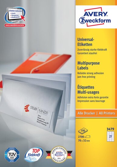 Avery Zweckform 3479, Universele etiketten, Ultragrip, wit, 100 vel, 27 per vel, 70 x 32 mm