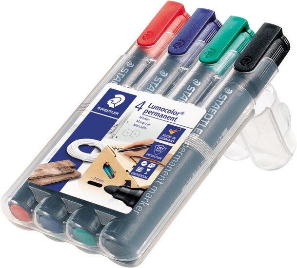 Staedtler Lumocolor 352, permanent marker, ronde punt, 2 mm, etui van 4 stuks in geassorteerde kleuren