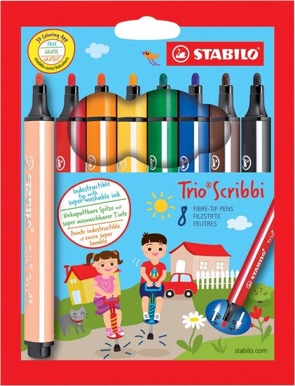 STABILO Trio Scribbi viltstift, blister van 8 stuks in geassorteerde kleuren