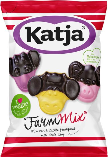 Katja Farm Mix snoep, mix van 3 zachte fruitgums met zoete drop, zak van 255 g