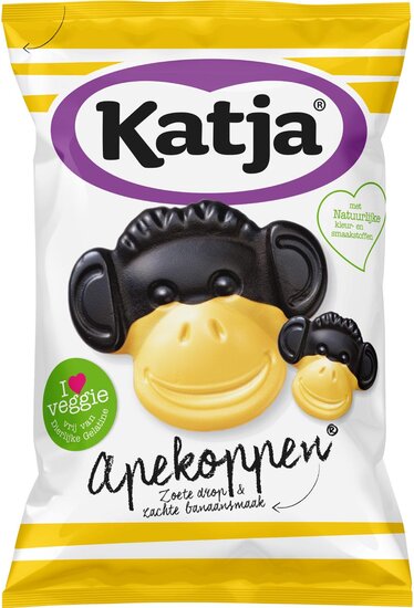 Katja Apekoppen snoep, zoete drop en banaansmaak, zak van 255 g