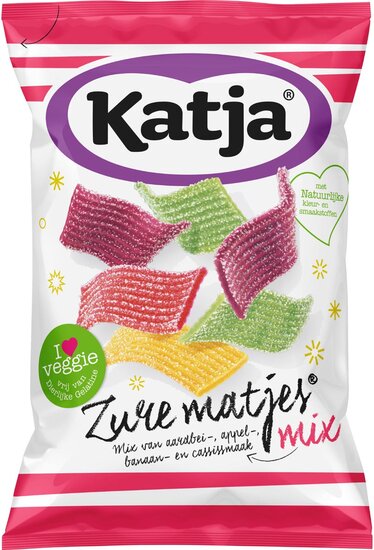 Katja Zure Matjes snoep, mix van aardbei-, appel-, banaan- en cassissmaak, zak van 250 g