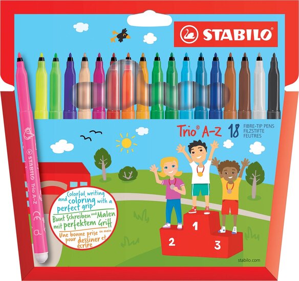 STABILO Trio A-Z viltstift, etui van 18 stuks in geassorteerde kleuren