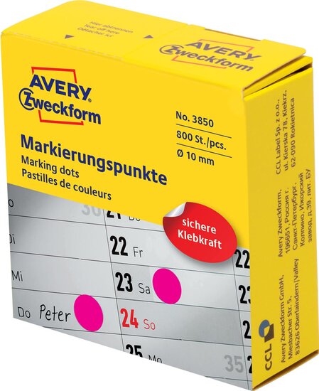 Avery marking dots, diameter 10 mm, rol met 800 stuks, roze