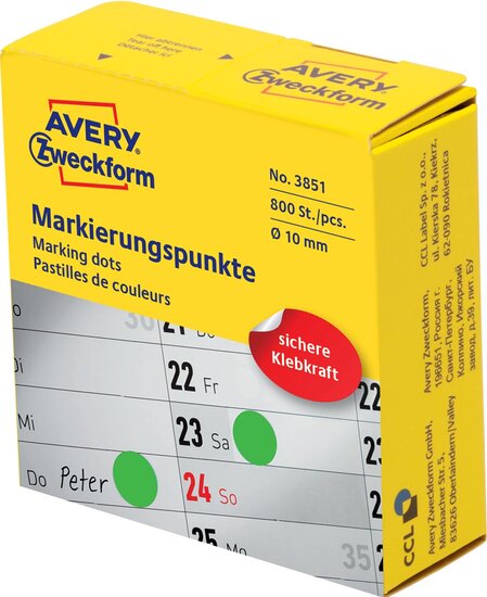 Avery marking dots, diameter 10 mm, rol met 800 stuks, groen