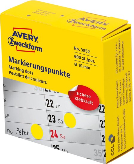 Avery marking dots, diameter 10 mm, rol met 800 stuks, geel