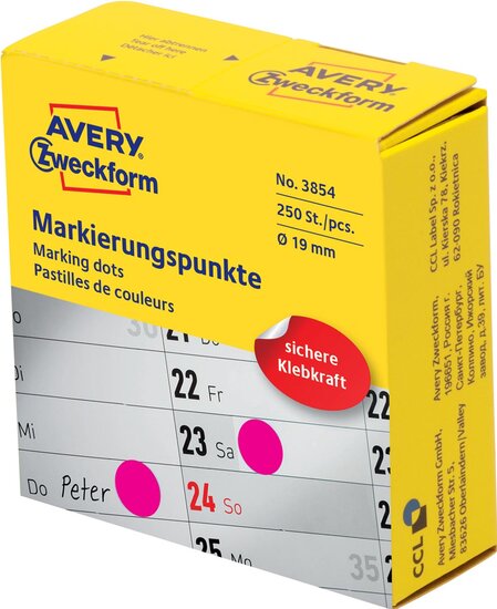 Avery marking dots, diameter 19 mm, rol met 250 stuks, rood