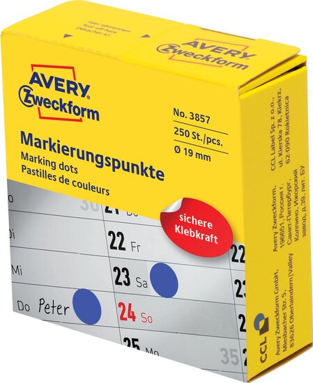 Avery marking dots, diameter 19 mm, rol met 250 stuks, blauw