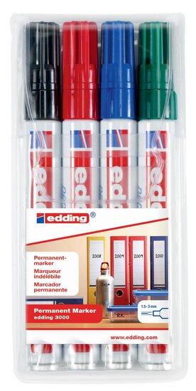 Edding permanent marker 3000, etui van 4 stuks in geassorteerde kleuren