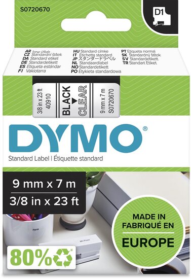 Dymo D1 tape 9 mm, zwart op transparant