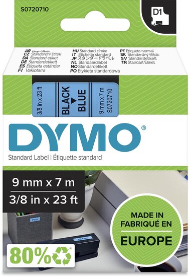 Dymo D1 tape 9 mm, zwart op blauw