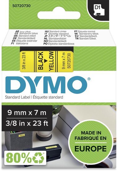 Dymo D1 tape 9 mm, zwart op geel