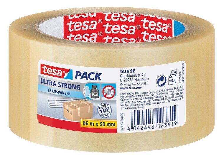 Tesapack Ultra Strong, ft 50 mm x 66 m, PVC, transparant