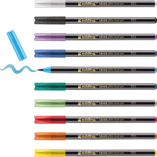 Edding glitter brushpen e-1340, assorti, set van 10 stuks