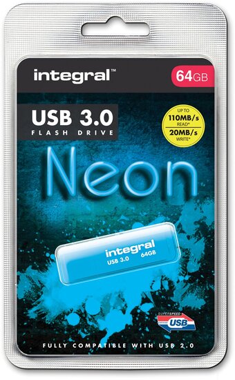 Integral Neon USB 3.0 stick, 64 GB, blauw