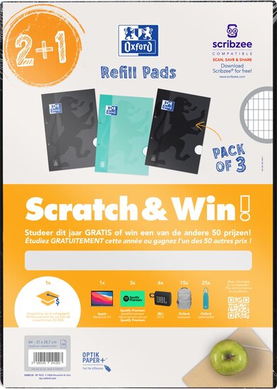 Oxford School cursusblok, ft A4, 100 vel, assorti, commercieel geruit, 2 + 1 gratis, Scratch &amp; Win