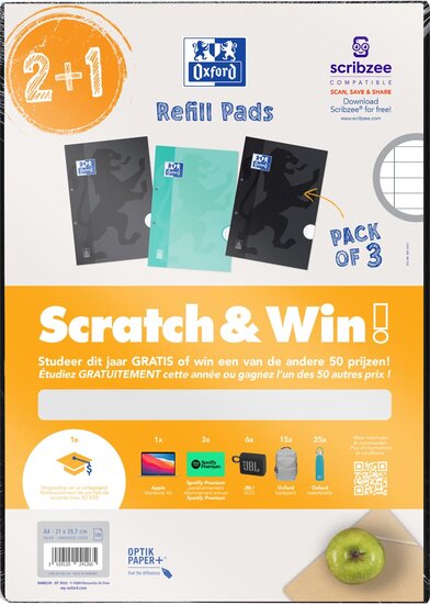 Oxford School cursusblok, ft A4, 100 vel, assorti, gelijnd, 2 + 1 gratis, Scratch &amp; Win