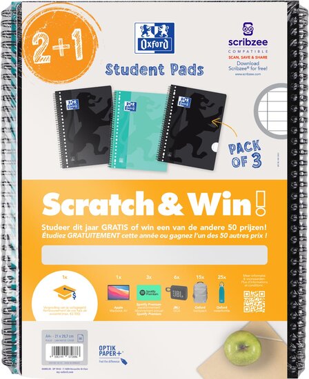 Oxford School collegeblok, ft A4+, gelijnd, 23-gaats, 80 vel, assorti, 2+1 gratis, Scratch &amp; Win