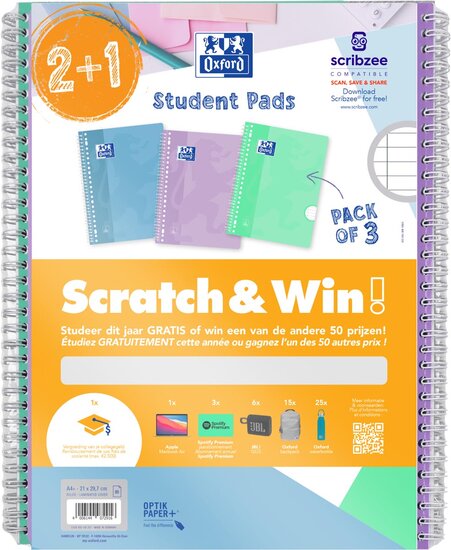 Oxford School collegeblok, ft A4+, gelijnd, 23-gaats, 80 vel, pastel assorti, 2+1 gratis, Scratch &amp; Win