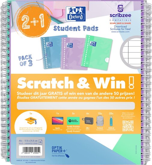 Oxford School collegeblok, ft A5+, gelijnd, 17-gaats, 80 vel, pastel assorti, 2+1 gratis, Scratch &amp; Win