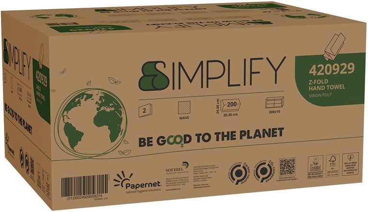 Papernet papieren handdoeken Simplify, Z-vouw, 2-laags, 200 vellen, pak van 10 stuks