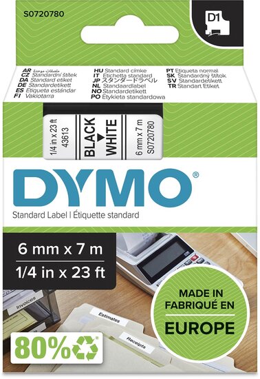 Dymo D1 tape 6 mm, zwart op wit