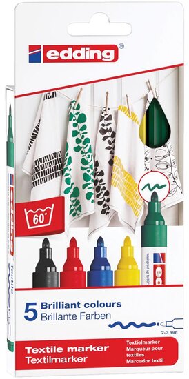 Edding textielstift 4500, set van 5 stuks in geassorteerde basiskleuren