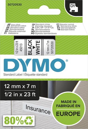 Dymo D1 tape 12 mm, zwart op wit