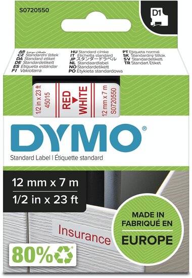 Dymo D1 tape 12 mm, rood op wit