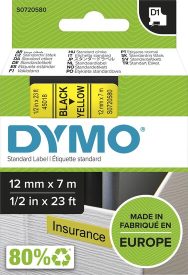 Dymo D1 tape 12 mm, zwart op geel