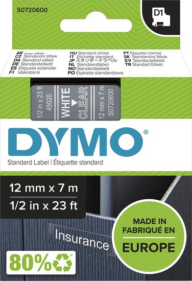 Dymo D1 tape 12 mm, wit op transparant