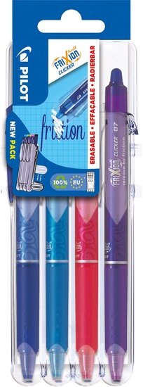 Pilot intrekbare roller FriXion Ball Clicker 2 Go, medium punt, 0,7 mm, blister met 4 stuks