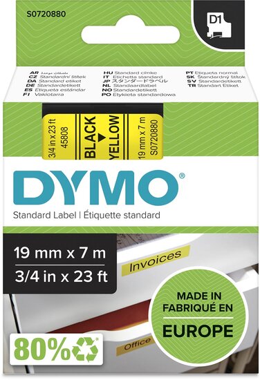 Dymo D1 tape 19 mm, zwart op geel