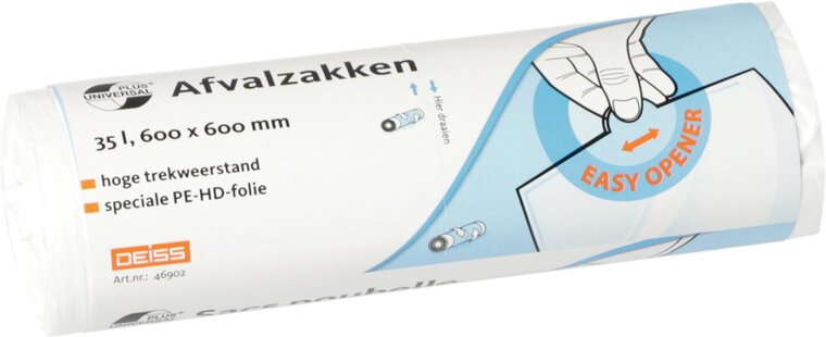 Universal Plus vuilniszak 10 micron, ft 60 x 60 cm, 35 liter, wit, rol van 50 stuks