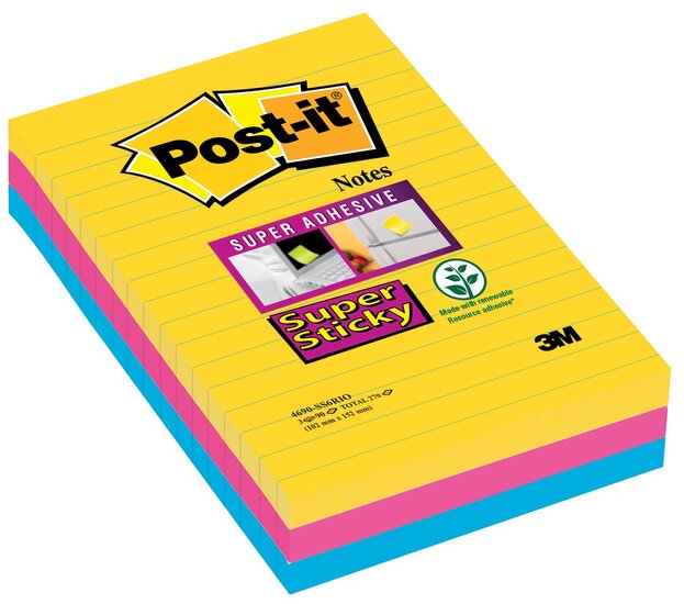 Post-it Super Sticky notes XXL Carnival, 90 vel, ft 101 X 152 mm, gelijnd, geassorteerde kleuren, pak van