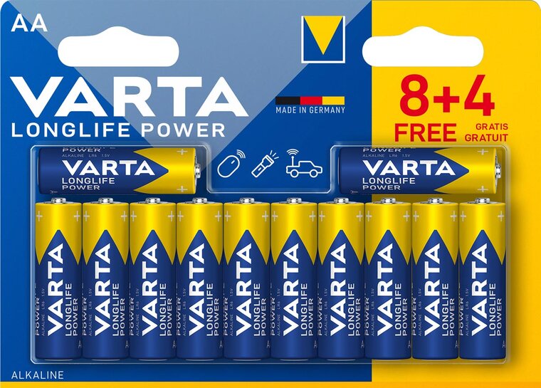 Varta batterij Longlife Power AA, blister van 8 + 4