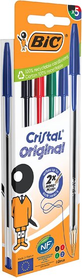 Bic Cristal balpen, medium, blister van 5 stuks: zwart, rood, groen en 2 x blauw