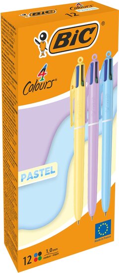 Bic Colours Pastel 4-kleurenbalpen, medium, klassieke inktkleuren, &micro;doos van 12 stuks